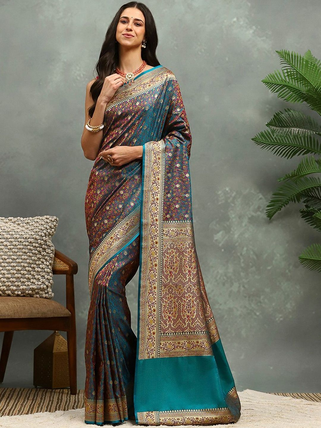 Meena Bazaar Ethnic Motifs Woven Design Zari Heavy Work Banarasi Saree