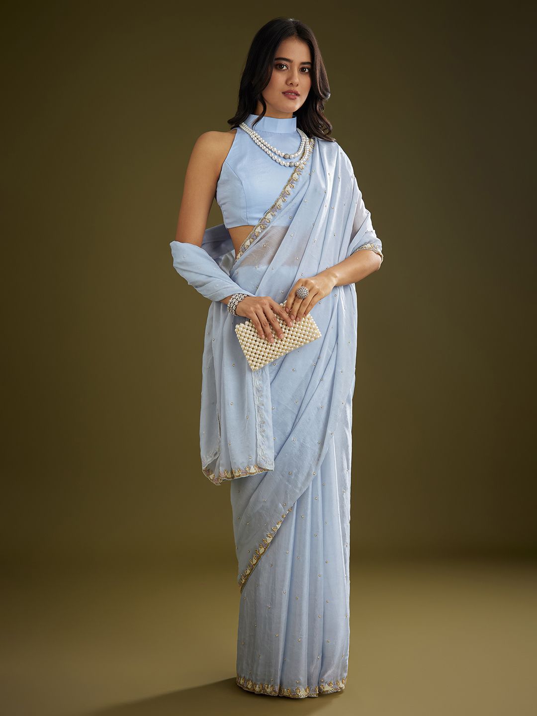 KALKI Fashion Embellished Beads and Stones Tissue Saree